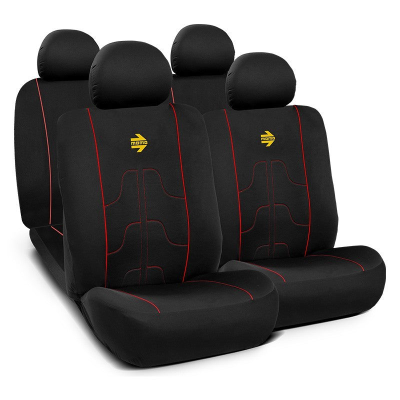 SET COMPLETO CUBRE ASIENTOS MOMO COCHE 11 PIEZAS NEGRO Y ROJO
