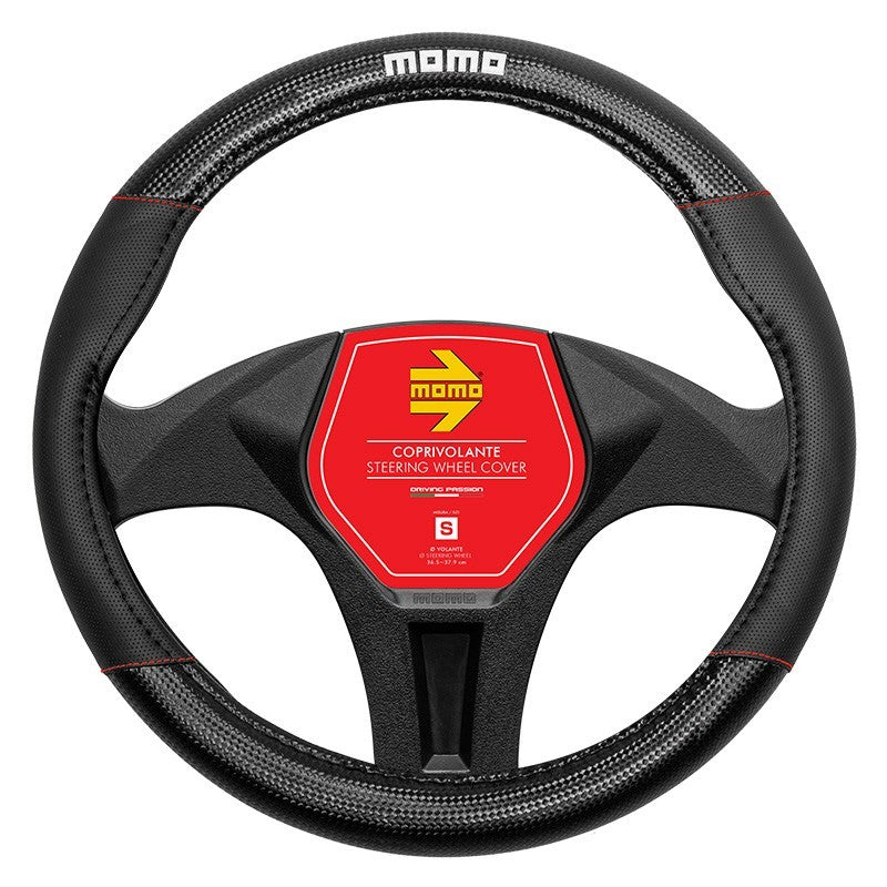 FUNDA VOLANTE MOMO CARBON UNIVERSAL NEGRO Y ROJO 38-39CM