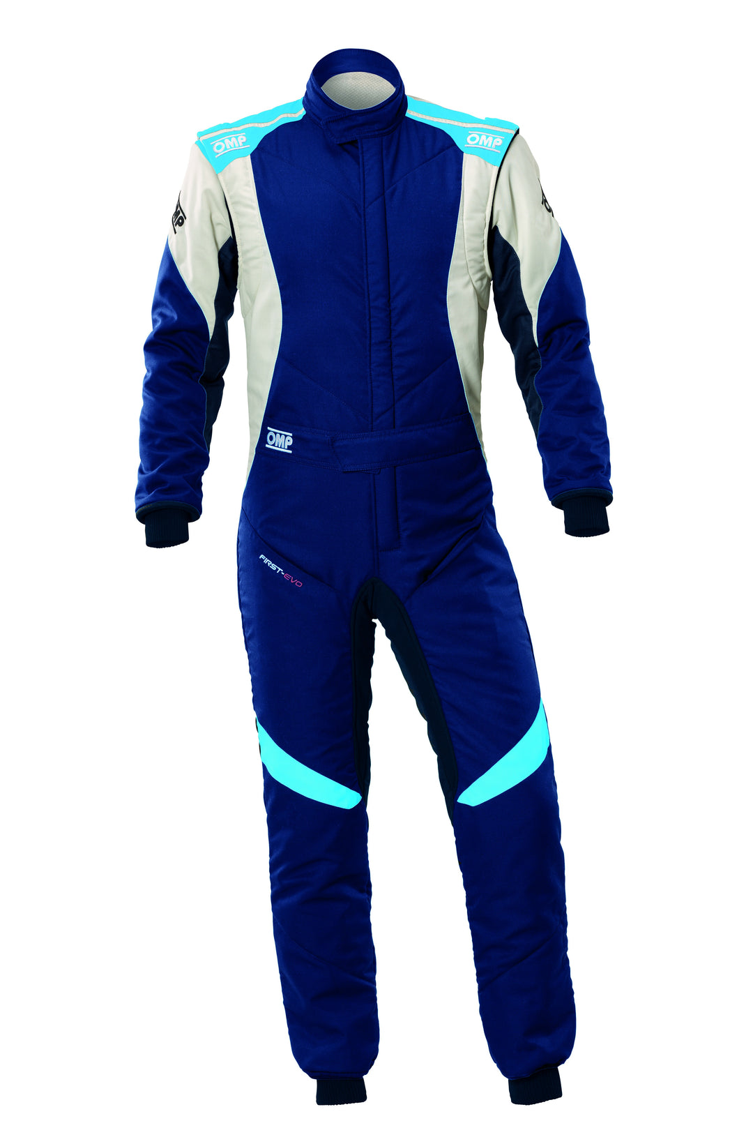 TRAJE DE CARRERAS OMP FIRST EVO MY2025 FIA 8856-2018 NAVY AZUL / CYAN TALLA 48