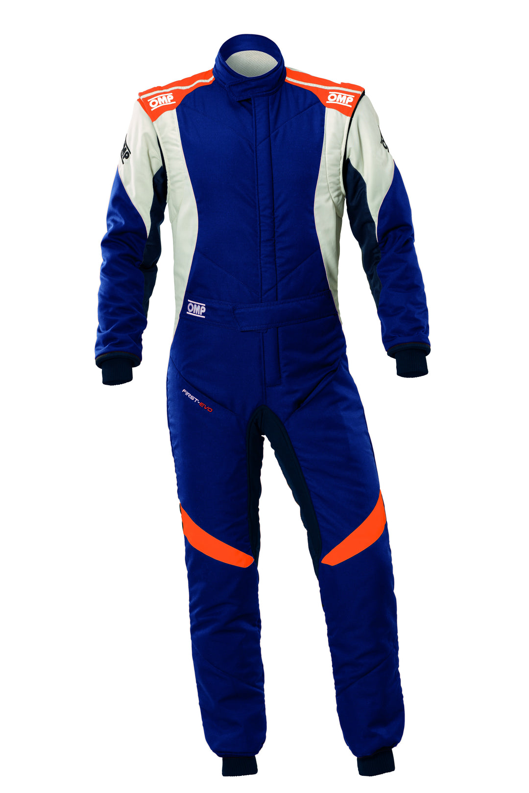 TRAJE DE CARRERAS OMP FIRST EVO MY2025 FIA 8856-2018 NAVY AZUL / FLUO NARANJA TALLA 42