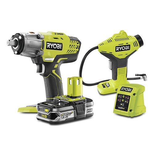 KIT RYOBI DE LLAVE DE IMPACTO + INFLADOR + BATERÍA 1,5AH + CARGADOR (STOCK LAST )