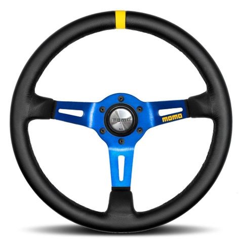 VOLANTE MOMO 350 MM PIEL NEGRA Y AZUL MOD.08 MOMO | VRM Motorsports