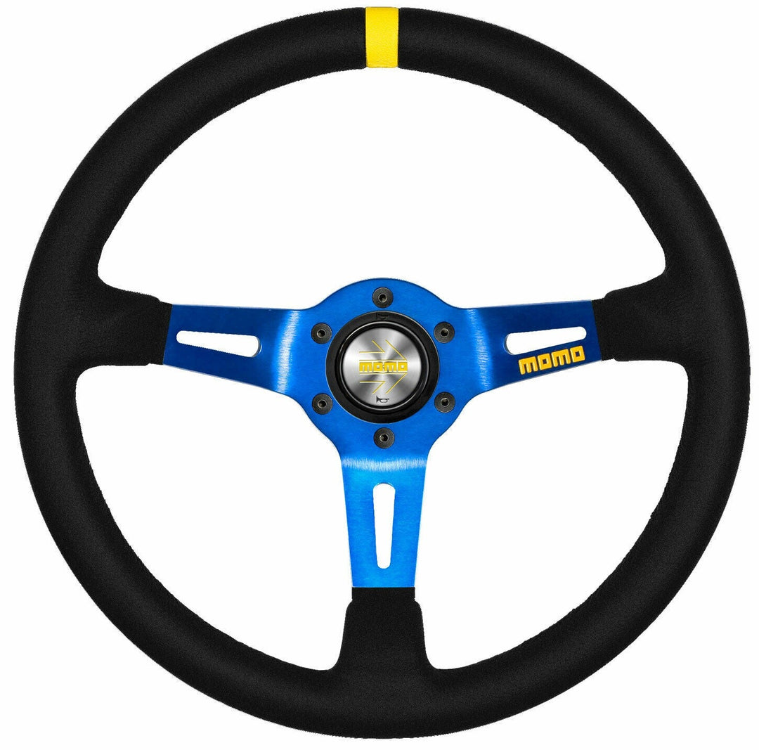 VOLANTE MOMO 350 MM ALCANTARA NEGRO Y AZUL MOD.08 MOMO | VRM Motorsports