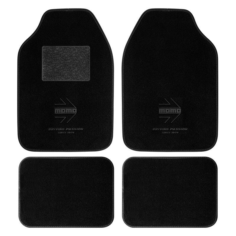SET COMPLETO 4 PIEZAS ALFOMBRAS MOMO UNIVERSALES NEGRO/BLANCO MOMO | VRM Motorsports