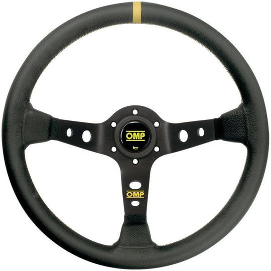 VOLANTE OMP CORSICA PIEL 350MM BRAZOS NEGRO - DETALLE AMARILLO OMP RACING | VRM Motorsports