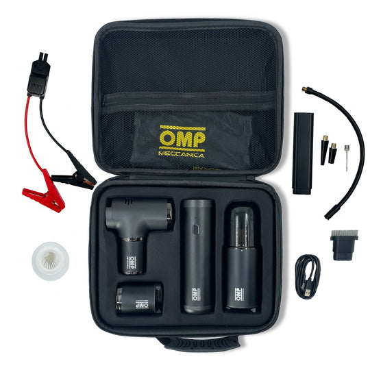 OMP MECCANICA 5 EN 1 KIT PORTÁTIL MULTI-FUNCIÓN ARRANCADOR, COMPRESOR DE AIRE, ASPIRADORA, LINTERNA Y POWER BANK CON ESTUCHE OMP RACING | VRM Motorsports