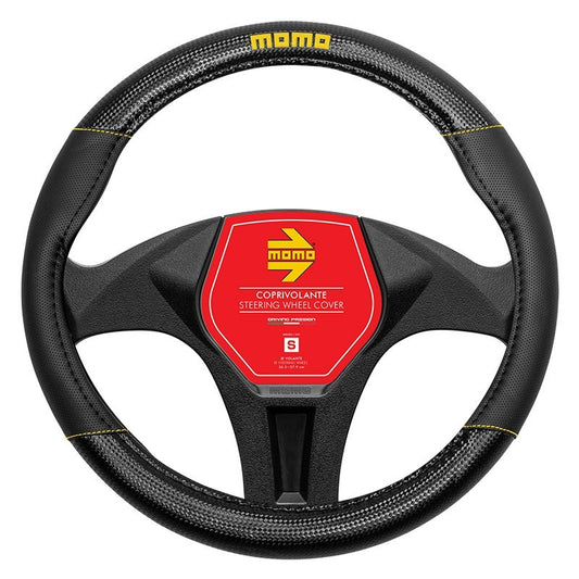 FUNDA VOLANTE MOMO CARBON UNIVERSAL NEGRO Y AMARILLO 38-39CM