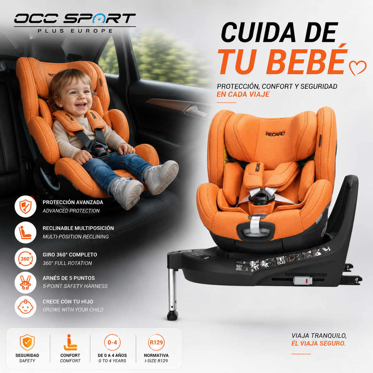 Silla Bebe RECARO Xenon 1 Kid 61 - 125Cm Vibrant Orange Grupo 0 1 Y 2 - RECARO original VRM Motorsports